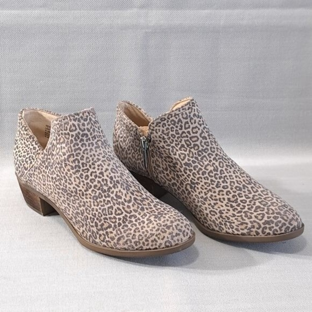 Crown & Ivy Women's Leopard Ankle Boots Tan Black Leather Side Zip Size‎ 8.5M